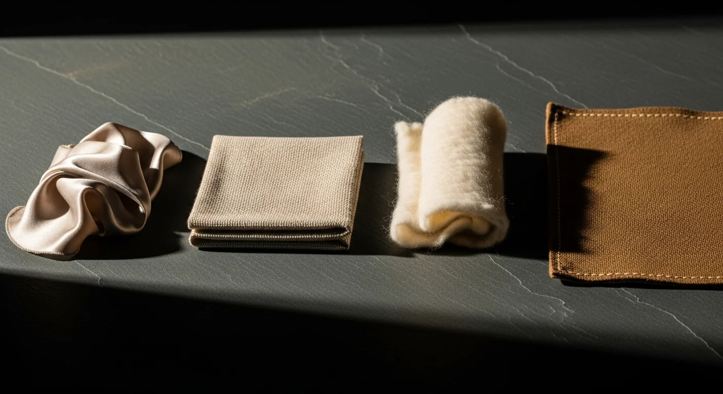 Four different material samples — silk, linen, wool, leather — arranged on a slate surface as a metaphor for how different filler properties serve different anatomical purposes