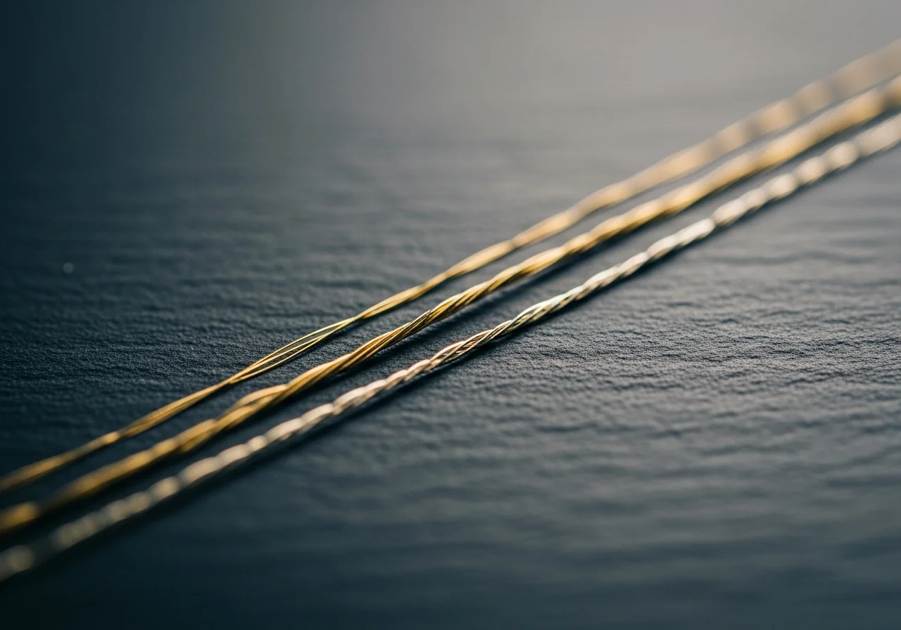 Three fine gold filament strands of different gauges laid parallel on a deep slate surface, each catching light differently — a pure material study of thread properties