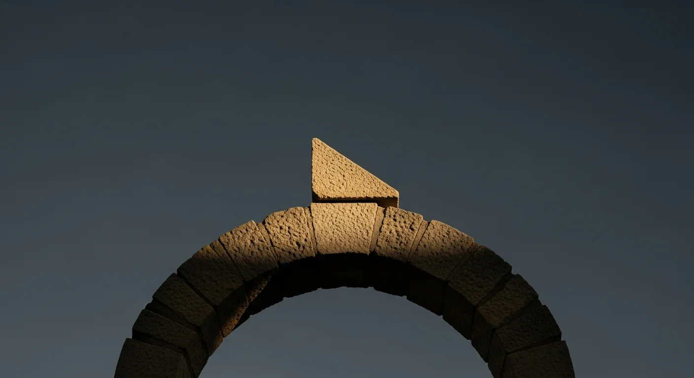 A single wedge-shaped stone keystone at the apex of an ancient stone arch in raking afternoon light — the single element that holds the entire structure in place