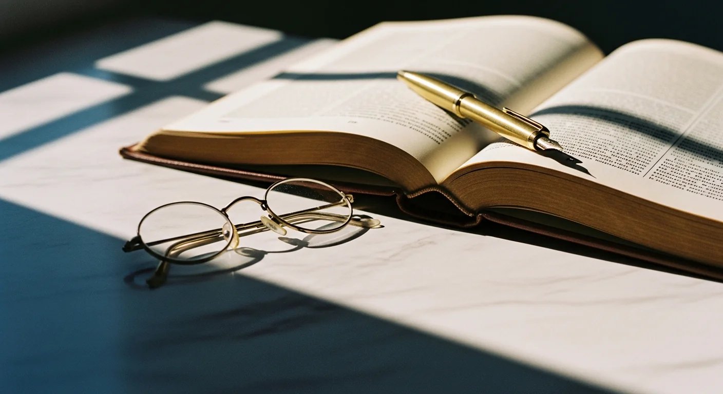 An open leather-bound vintage medical book with a brass fountain pen and antique round reading spectacles on a marble surface — a still life of analog clinical judgment